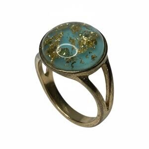 Vintage Gold Tone Blue Cabochon Ring w/ Metallic Flecks Mid Century Style